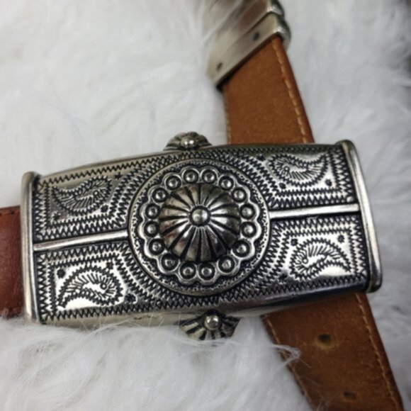 Vintage Brown Leather Belt with Ornate Silver Buckle main image 5